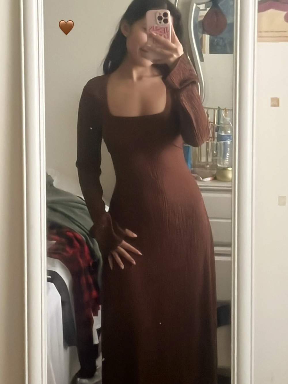 Brown Long Sleeve Square Neck Maxi Dress